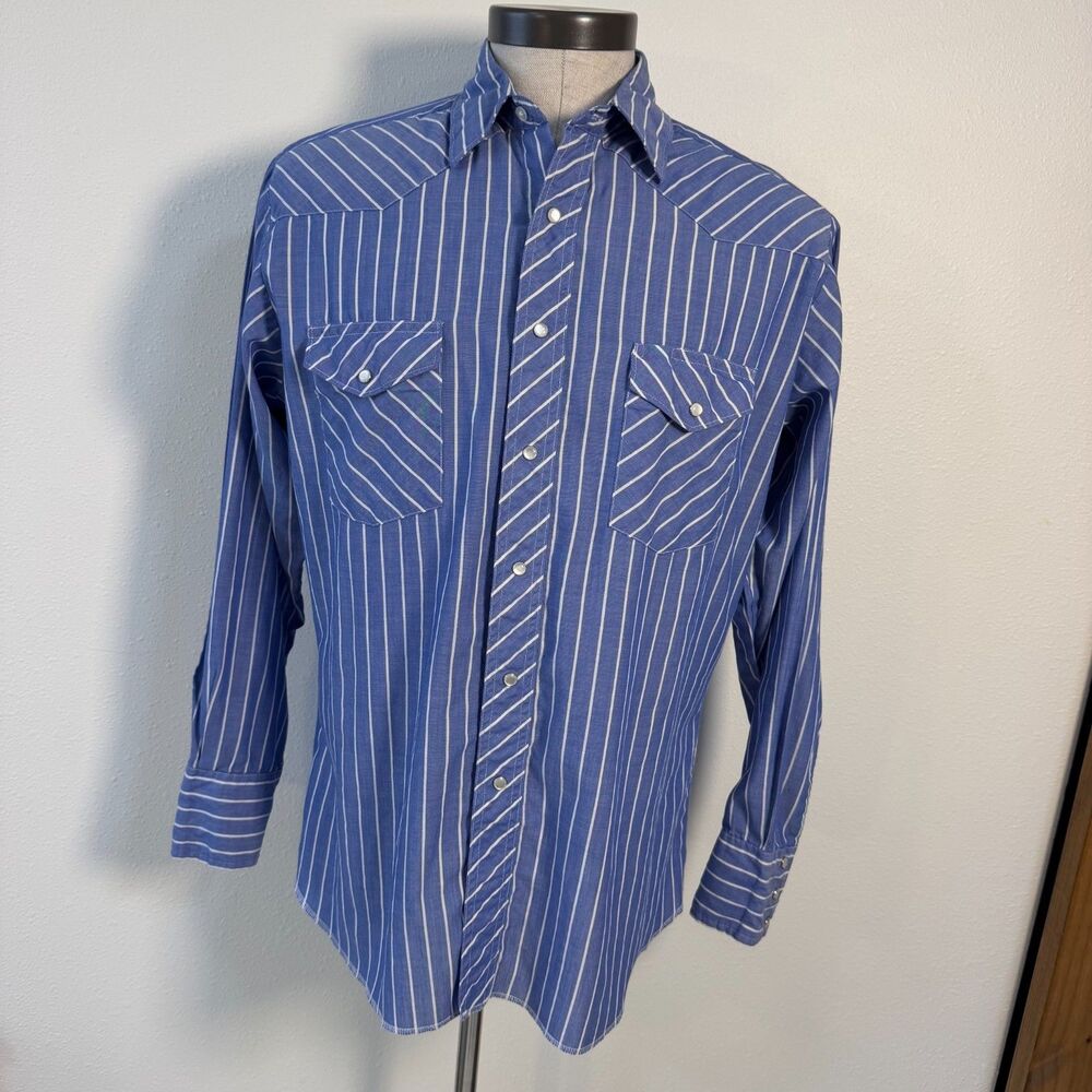 Vintage Wrangler Western Shirt Mens L Blue Stripe Pearl Snap Cowboy USA Era